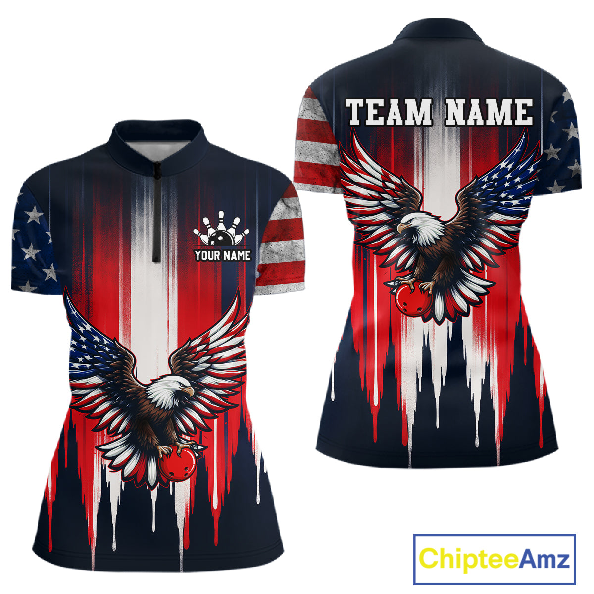 Polo shirt with American flag and eagle design, customizable text on a white background