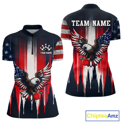 Polo shirt with American flag and eagle design, customizable text on a white background