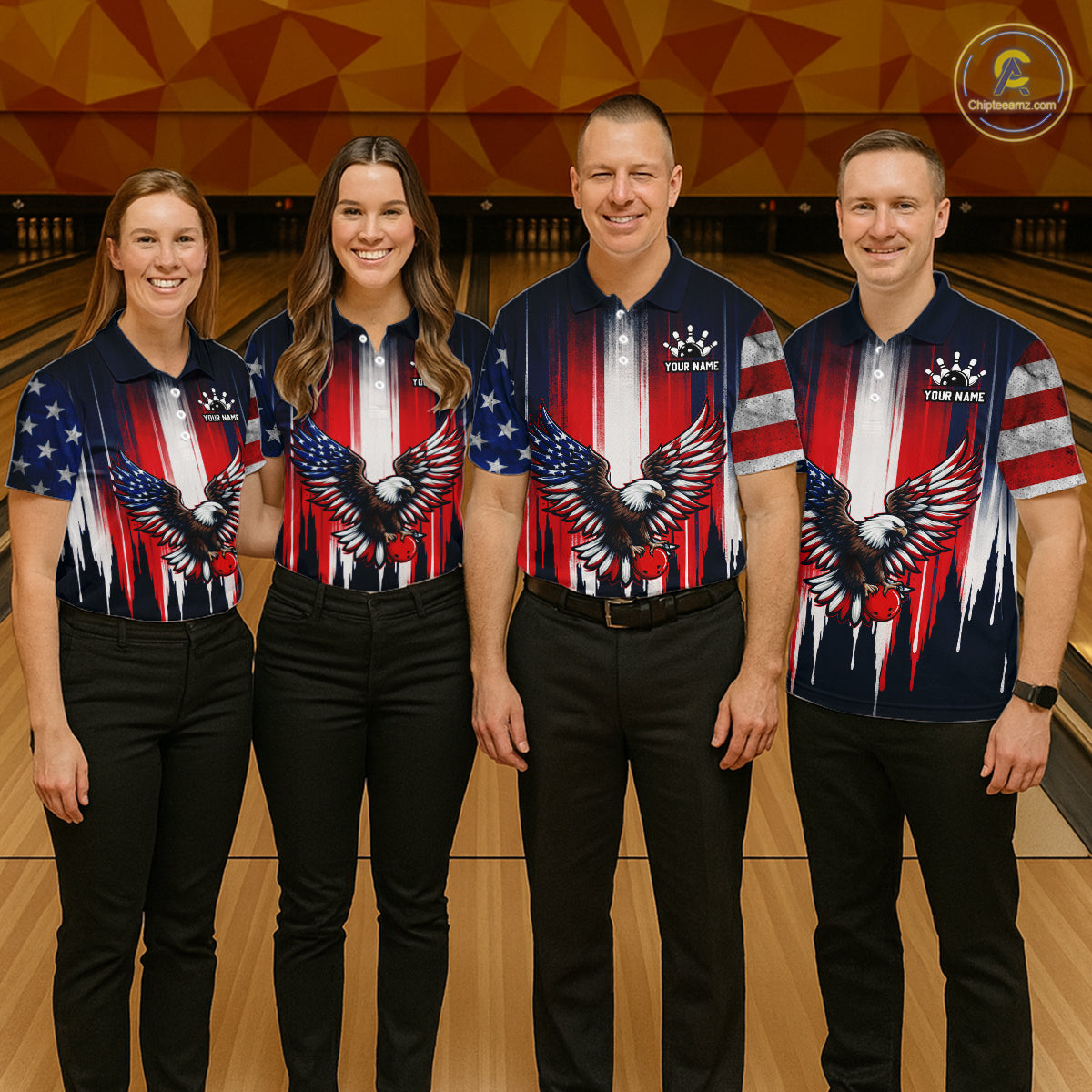Four people wearing matching American flag-themed shirts with eagle designs on a bowling alley background.