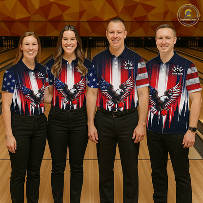 Four people wearing matching American flag-themed shirts with eagle designs on a bowling alley background.