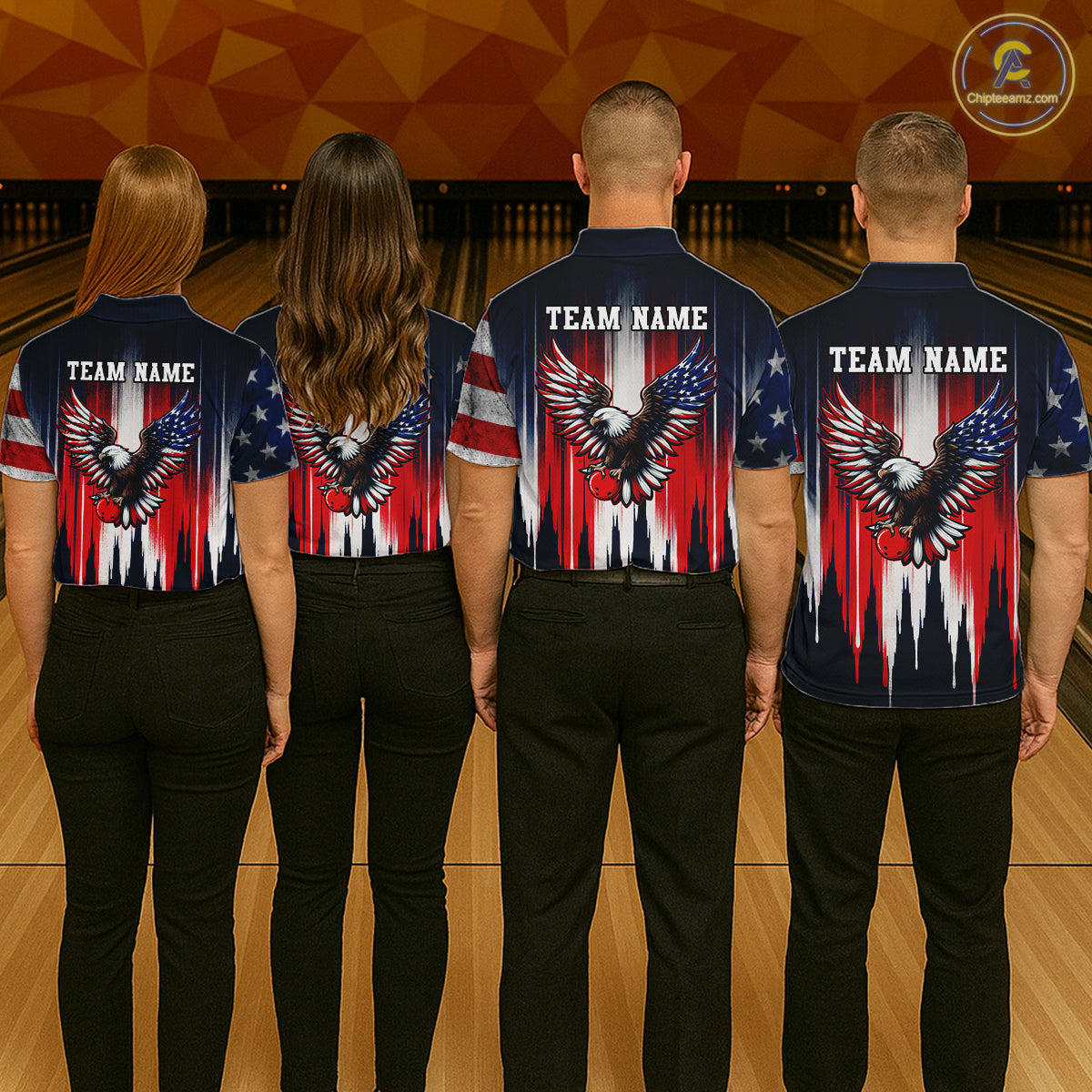 Four people wearing bowling shirts with eagle and American flag design on a bowling alley.