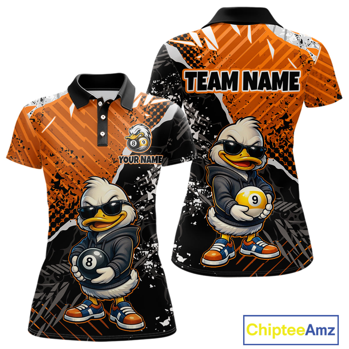 Front and back views of a custom short-sleeve polo shirt featuring a cartoon duck character in a black jacket and sunglasses holding billiard balls, with orange, black, and white graphic patterns. The front shows 'YOUR NAME' and the back shows 'TEAM NAME' placeholders.