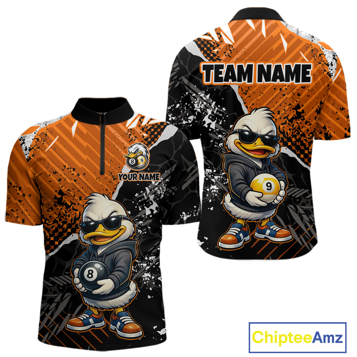 Front and back views of a short-sleeve quarter-zip billiard shirt with an all-over cartoon duck mascot graphic, orange diagonal stripes, black splatter effects, and customizable text areas on a white background.