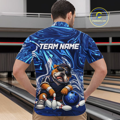 Custom Blue Funny Bulldog Bowling Team Shirt Bowling Jersey Polo & 1/4 Zip Bowling Unisex for Men QZT912