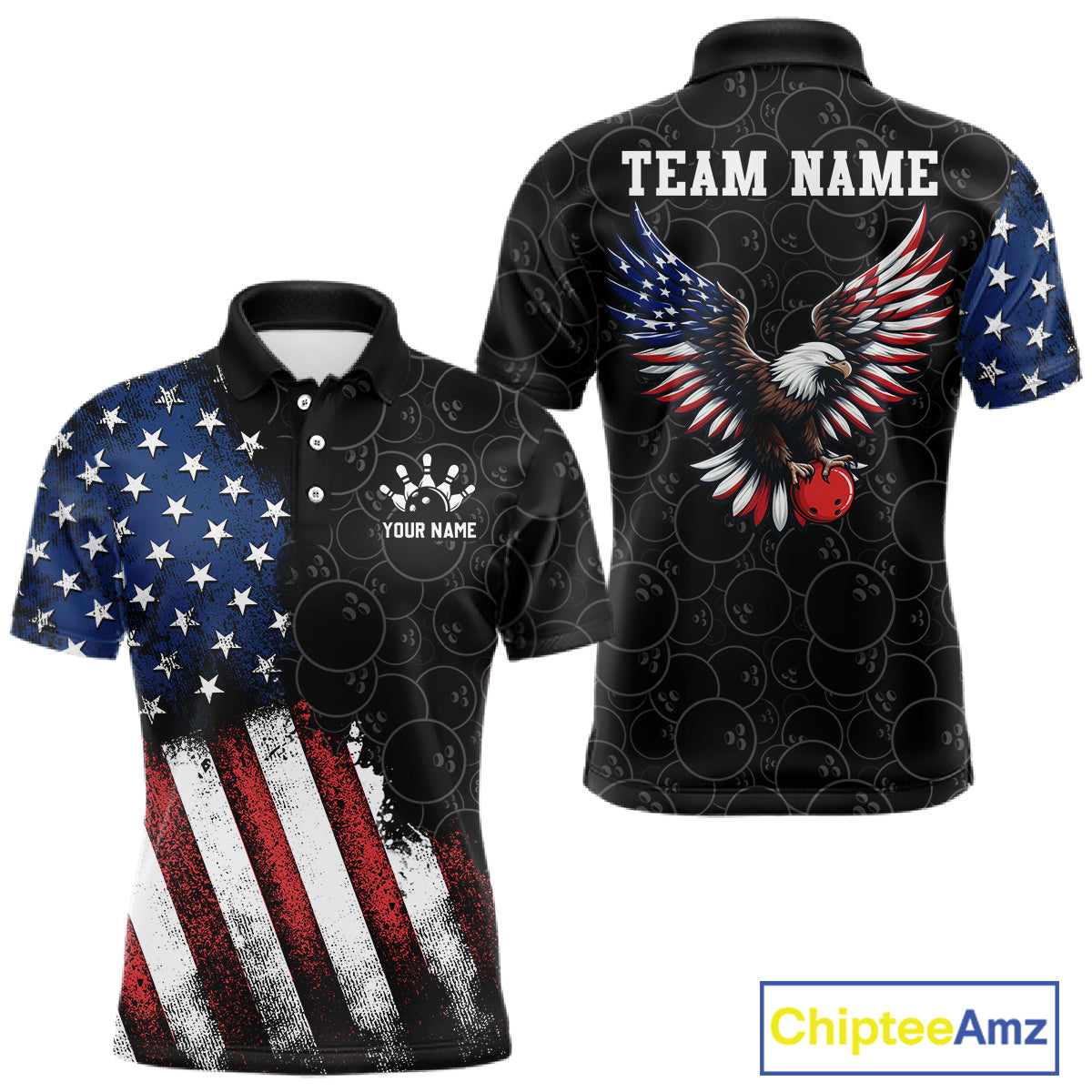 Polo shirt with American flag design and eagle graphic on a white background