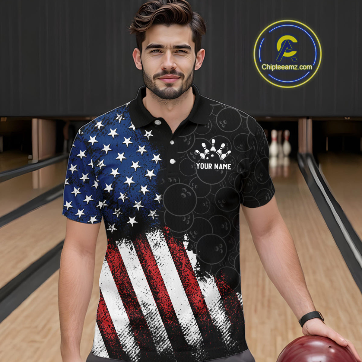 Man wearing a custom bowling shirt with American flag design in a bowling alley.