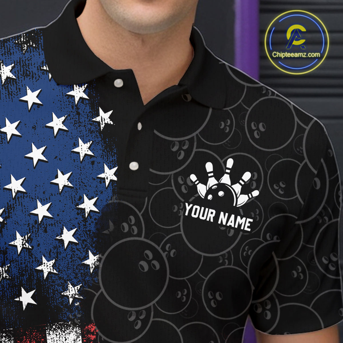 Black polo shirt with white star pattern and 'Your Name' text on a blurred background
