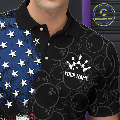 Black polo shirt with white star pattern and 'Your Name' text on a blurred background