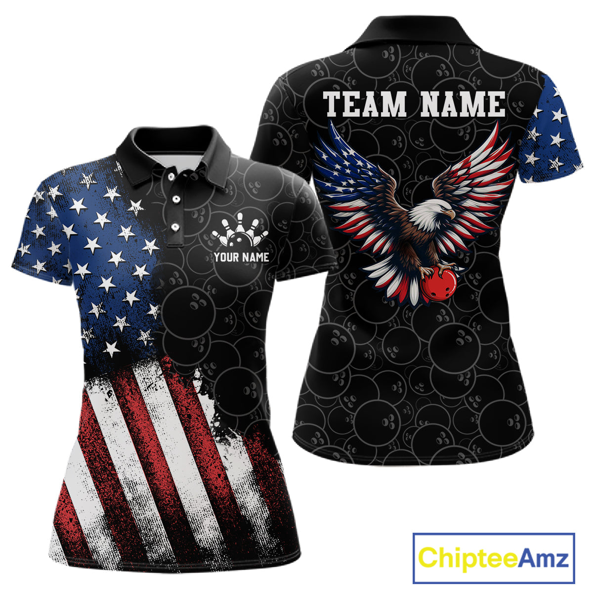 Two polo shirts with American flag design and eagle graphic, customizable with 'Your Name' and 'Team Name'.