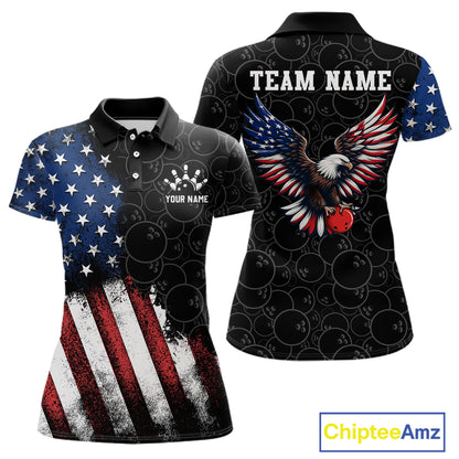 Two polo shirts with American flag design and eagle graphic, customizable with 'Your Name' and 'Team Name'.