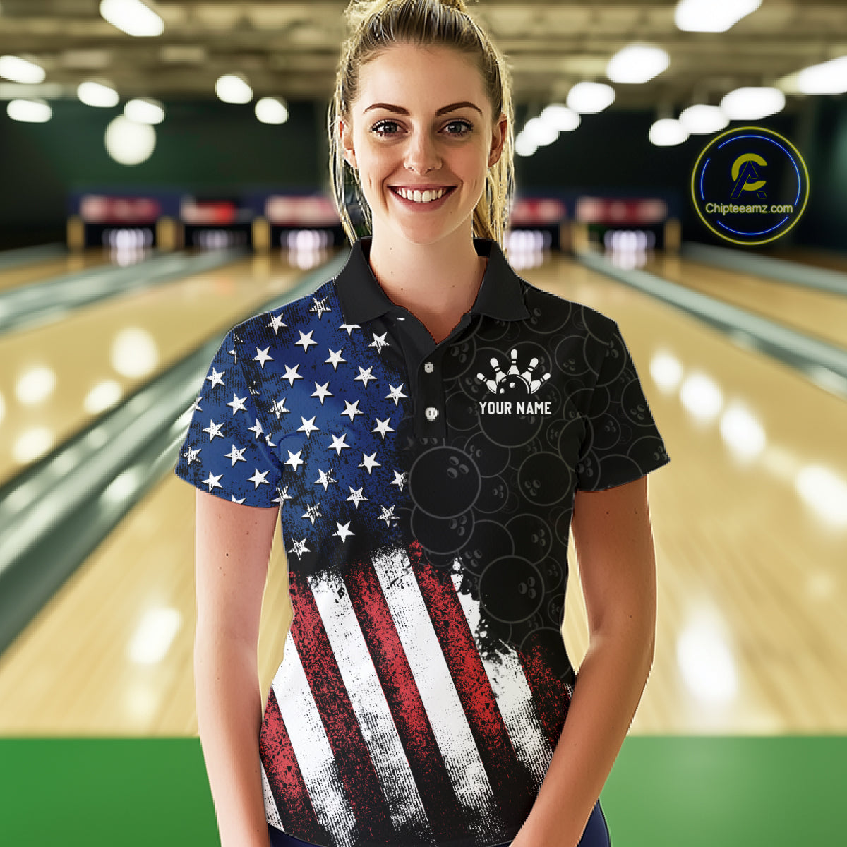 Woman wearing a custom bowling shirt with an American flag design in a bowling alley.