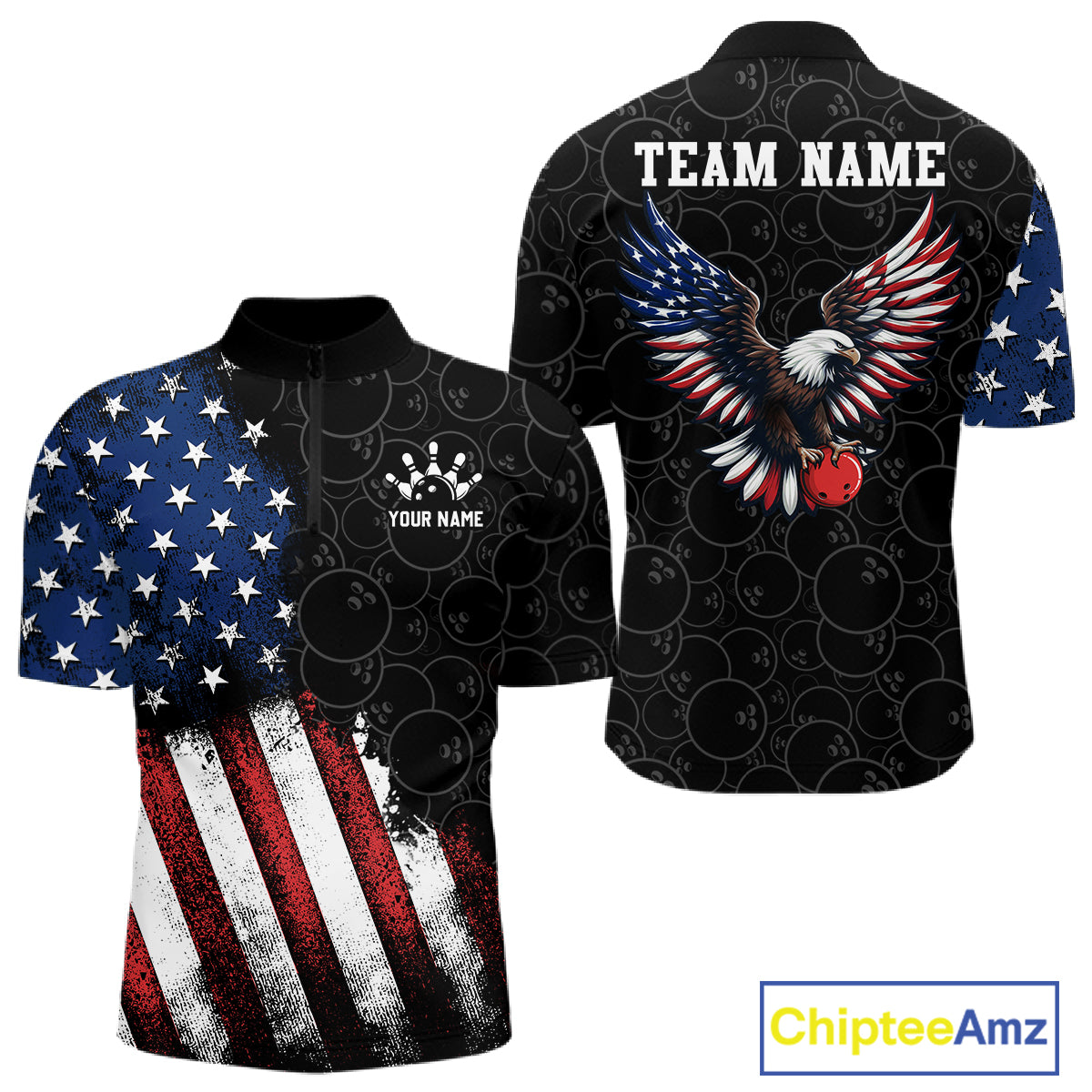 Quater-zip shirts with patriotic bowling ball design on a white background, featuring an American flag, eagle, and abstract patterns. 