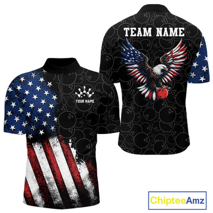Quater-zip shirts with patriotic bowling ball design on a white background, featuring an American flag, eagle, and abstract patterns. 