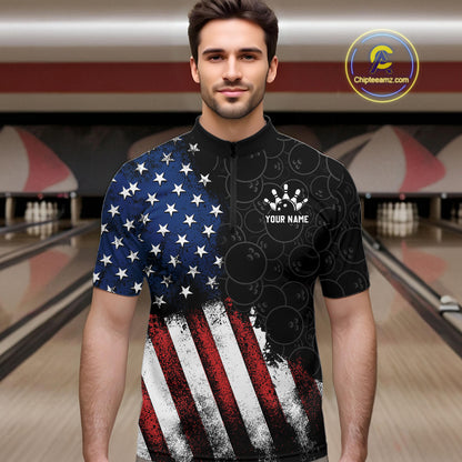 Man wearing a bowling shirt with American flag design in a bowling alley.