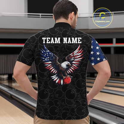 Man wearing a black t-shirt with an eagle design and 'TEAM NAME' text at a bowling alley.