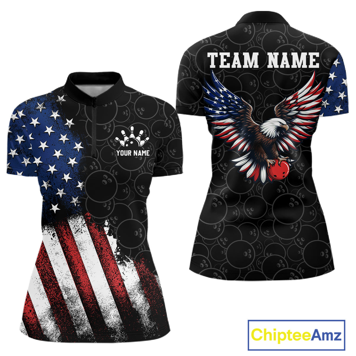 Two quarter-zipshirts with American flag design on the front and eagle design on the back, with 'Chiptee Amz' branding.