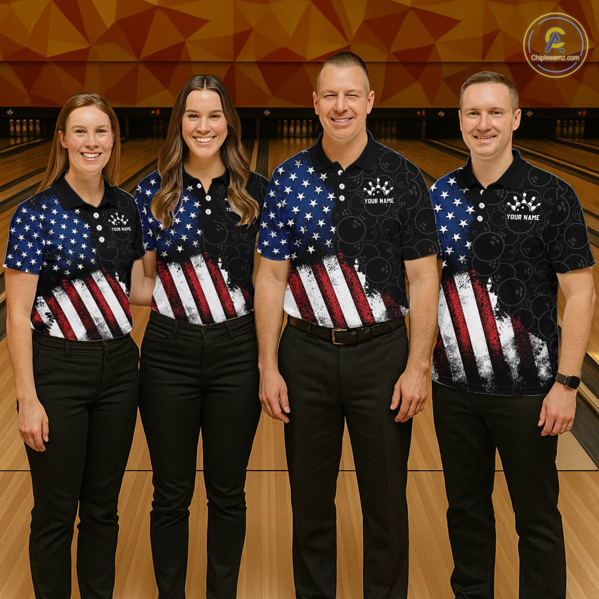 Four people wearing matching American flag-themed shirts on a bowling alley.