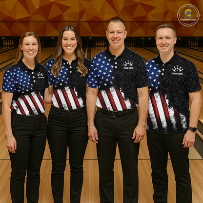 Four people wearing matching American flag-themed shirts on a bowling alley.