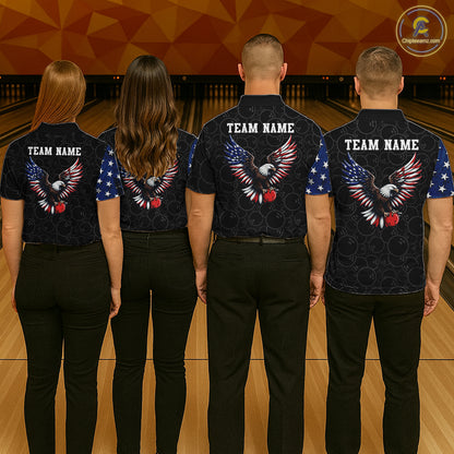 Four people wearing matching shirts with eagle designs and 'TEAM NAME' text on a bowling alley background.