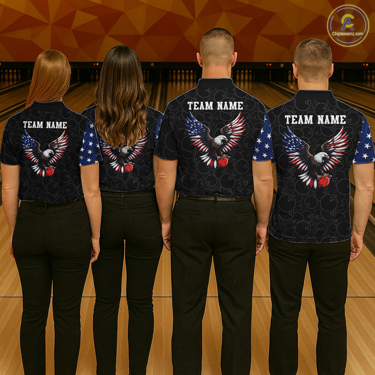 Four people wearing matching shirts with eagle designs and 'TEAM NAME' text on a bowling alley background.