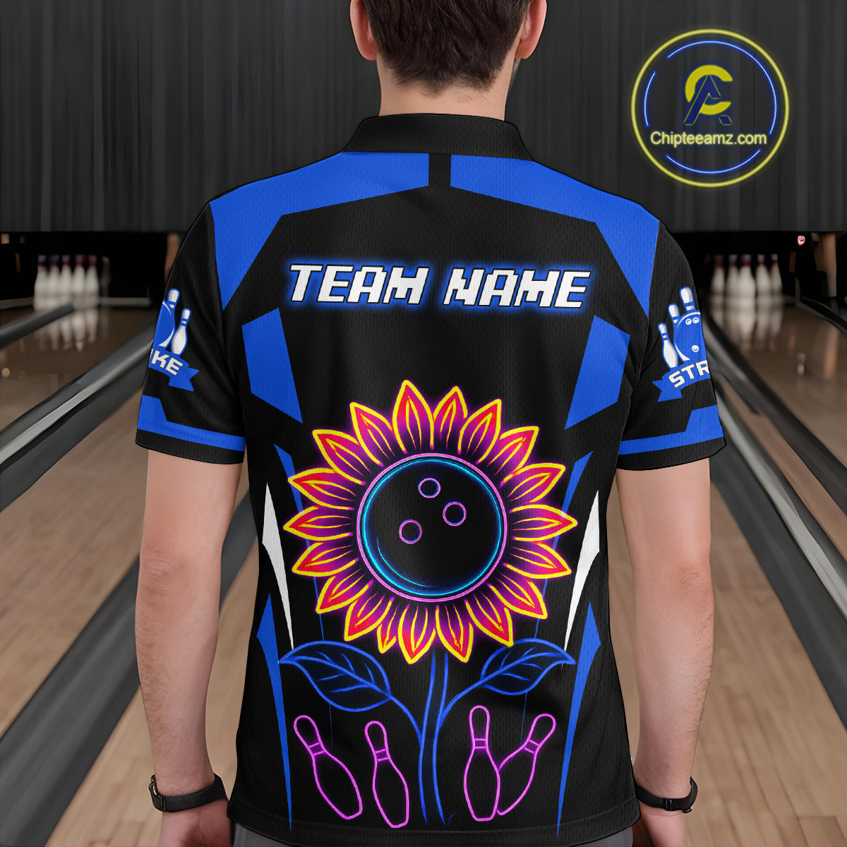 Blue Neon Lightning Sunflower Bowling Shirt for Men Custom Team Bowling Polo Bowling Jersey QZT771