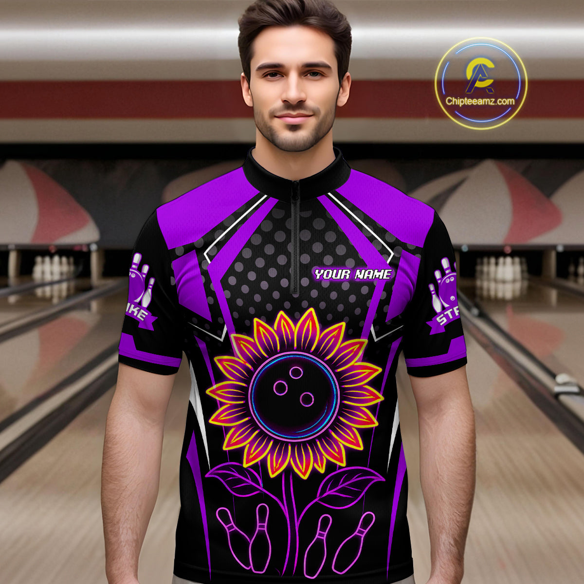 Purple Neon Lightning Sunflower Bowling Shirt for Men Custom Team Bowling Polo Bowling Jersey QZT771