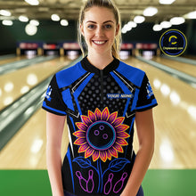 Load image into Gallery viewer, Blue Neon Lightning Sunflower Bowling Shirt for Women Custom Team Bowling Polo Bowling Jersey QZT771