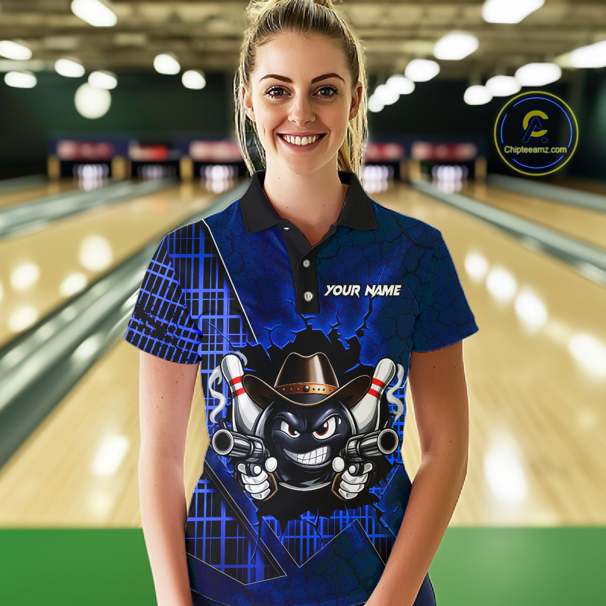 Custom Blue Funny Cowboy Gun Bowling Shirt for Women Bowling Team Jersey Bowling Polo & Quarter-Zip  QZT915
