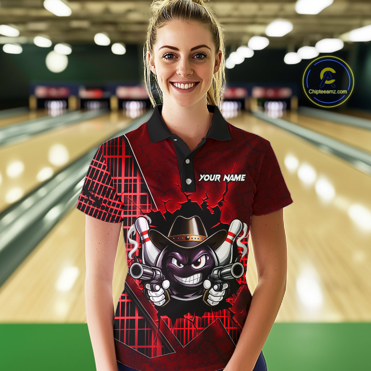 Custom Red Funny Cowboy Gun Bowling Shirt for Women Bowling Team Jersey Bowling Polo & Quarter-Zip  QZT915