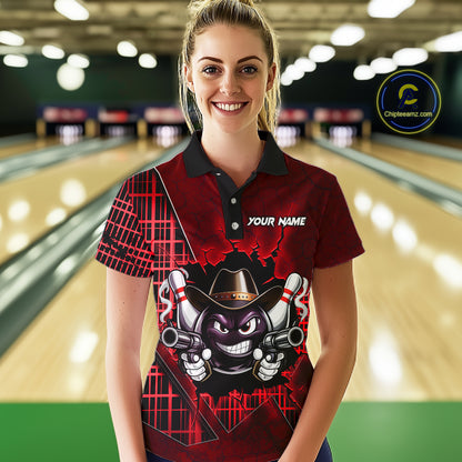 Custom Red Funny Cowboy Gun Bowling Shirt for Women Bowling Team Jersey Bowling Polo & Quarter-Zip  QZT915