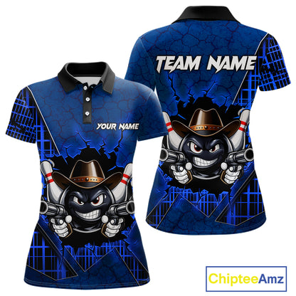 Custom Blue Funny Cowboy Gun Bowling Shirt for Women Bowling Team Jersey Bowling Polo & Quarter-Zip  QZT915