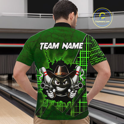 Custom Green Funny Cowboy Gun Bowling Shirt for Men Bowling Team Jersey Bowling Polo & Quarter-Zip QZT915