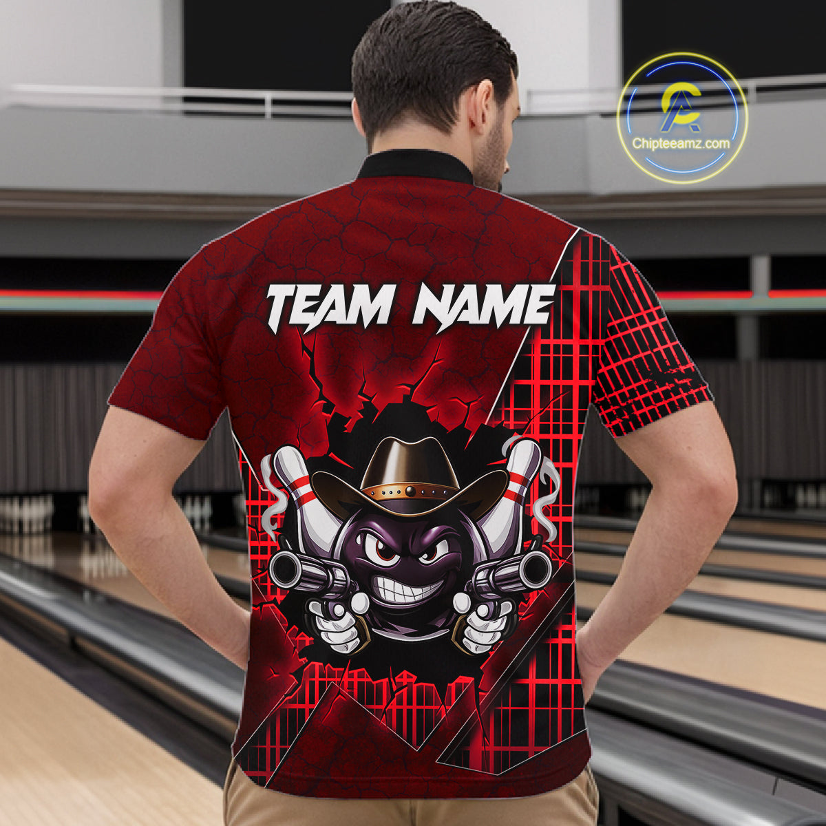 Custom Red Funny Cowboy Gun Bowling Shirt for Men Bowling Team Jersey Bowling Polo & Quarter-Zip QZT915