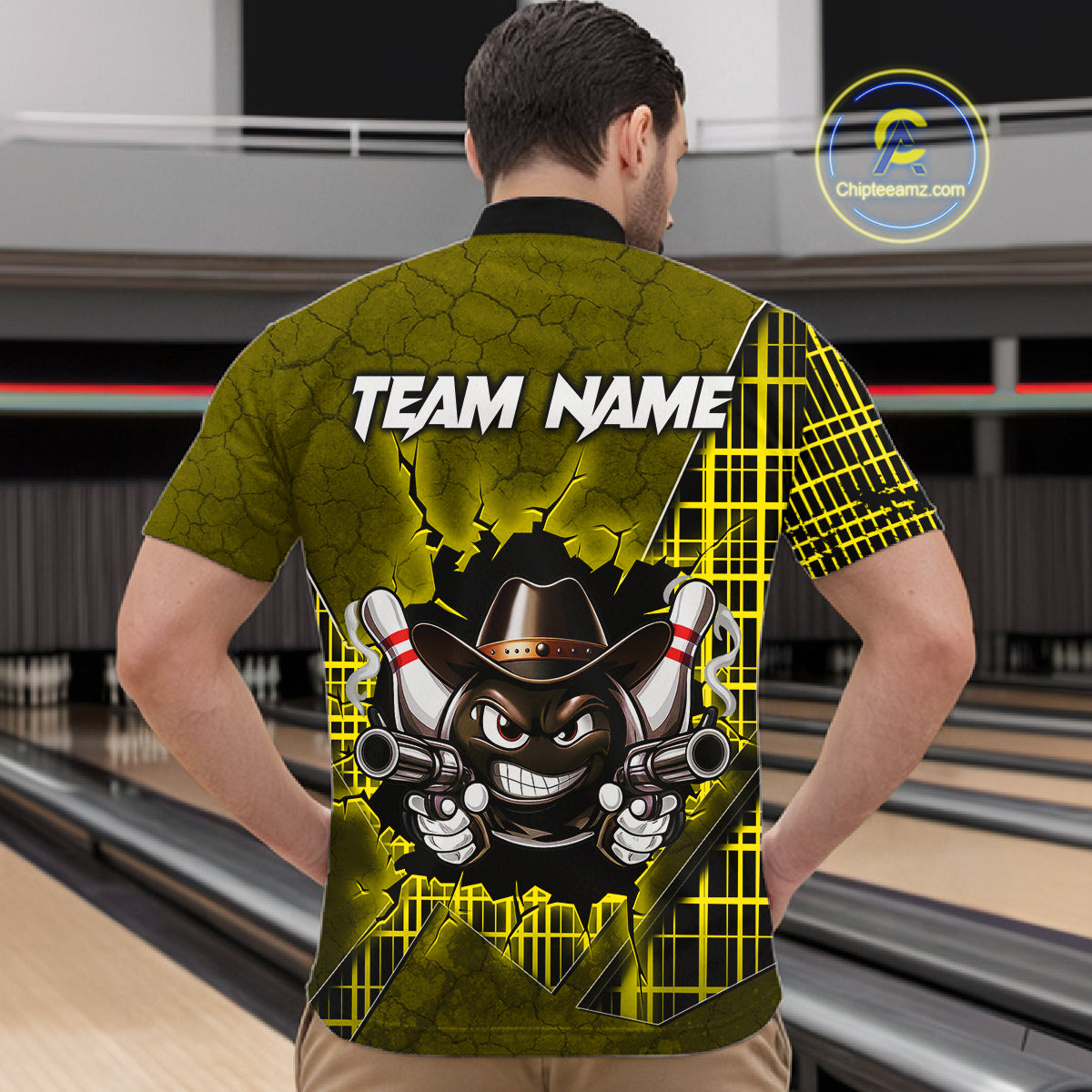 Custom Yellow Funny Cowboy Gun Bowling Shirt for Men Bowling Team Jersey Bowling Polo & Quarter-Zip QZT915