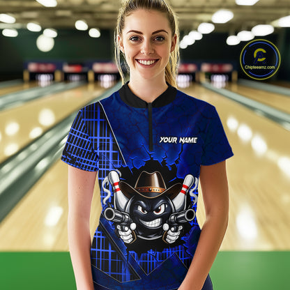 Custom Blue Funny Cowboy Gun Bowling Shirt for Women Bowling Team Jersey Bowling Polo & Quarter-Zip  QZT915