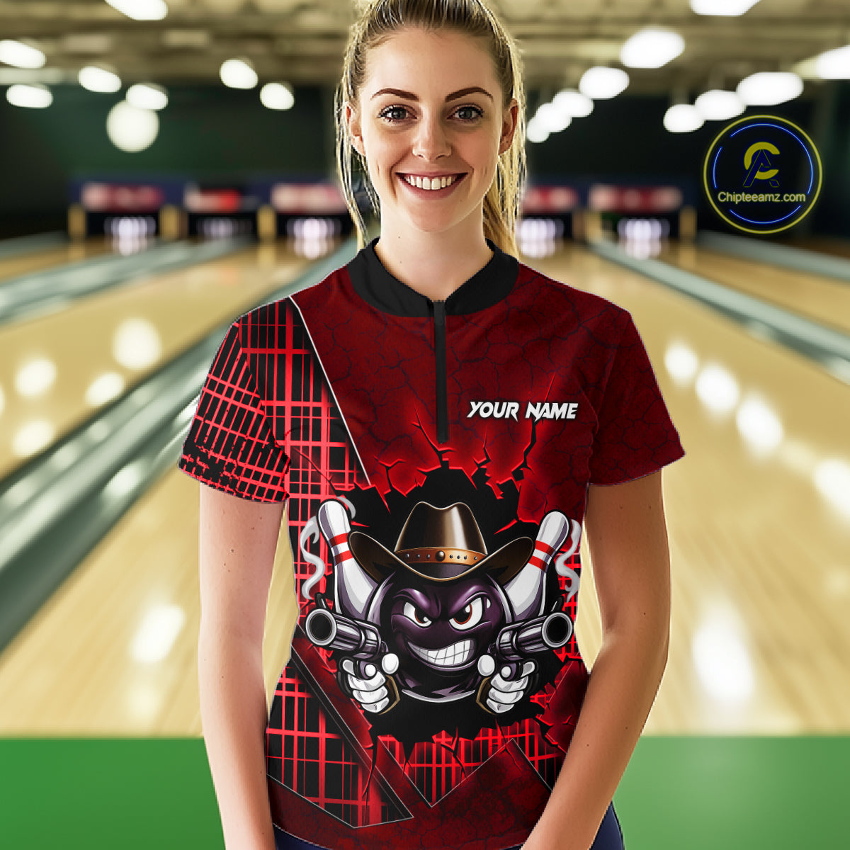Custom Red Funny Cowboy Gun Bowling Shirt for Women Bowling Team Jersey Bowling Polo & Quarter-Zip  QZT915