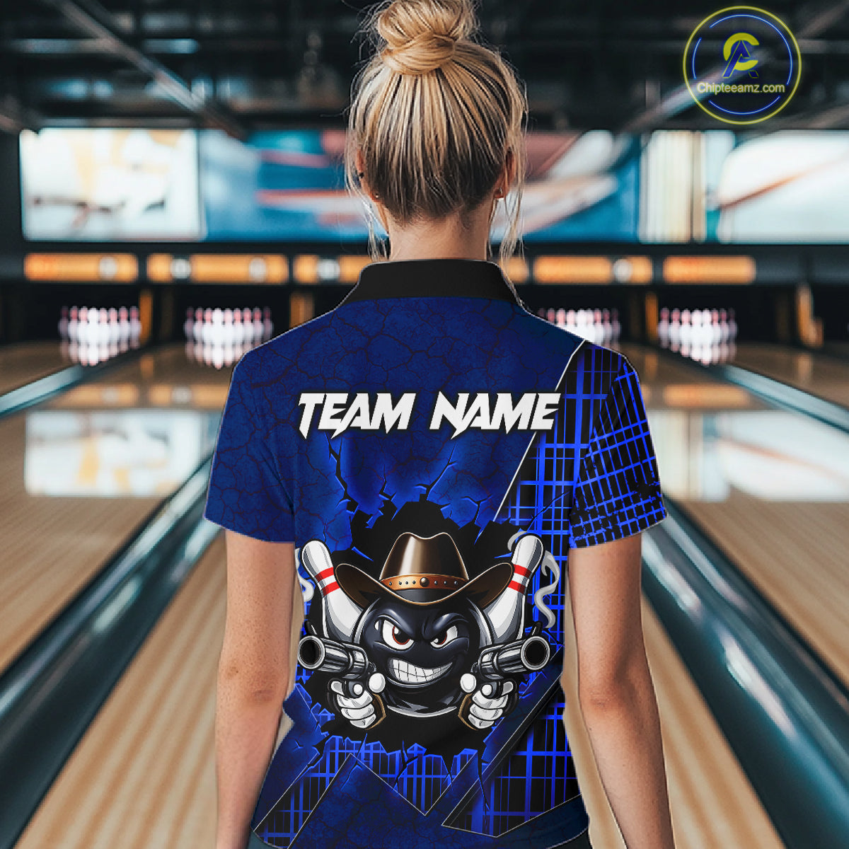 Custom Blue Funny Cowboy Gun Bowling Shirt for Women Bowling Team Jersey Bowling Polo & Quarter-Zip  QZT915