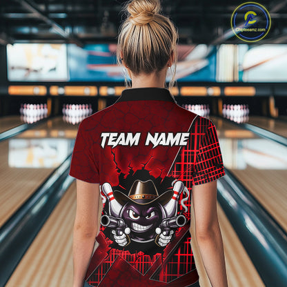 Custom Red Funny Cowboy Gun Bowling Shirt for Women Bowling Team Jersey Bowling Polo & Quarter-Zip  QZT915