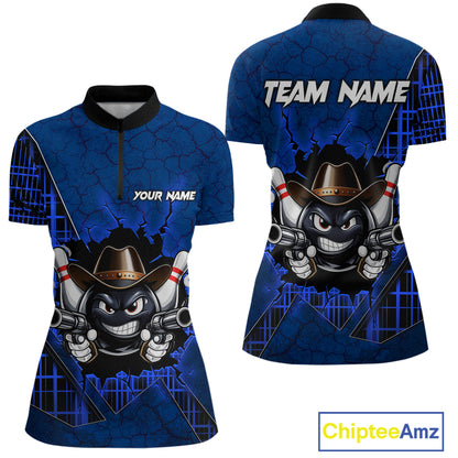 Custom Blue Funny Cowboy Gun Bowling Shirt for Women Bowling Team Jersey Bowling Polo & Quarter-Zip  QZT915