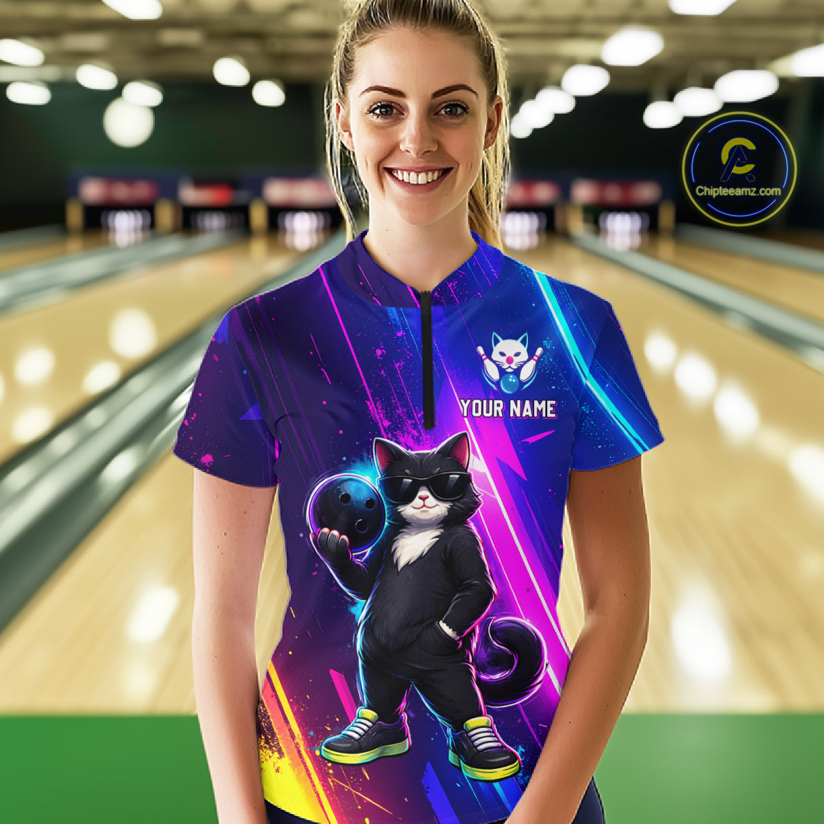 Personalized Neon Funny Cat Bowling Team Shirt for Women Bowling League Jersey Polo & Quarter-Zip Bowling Outfit QZT916