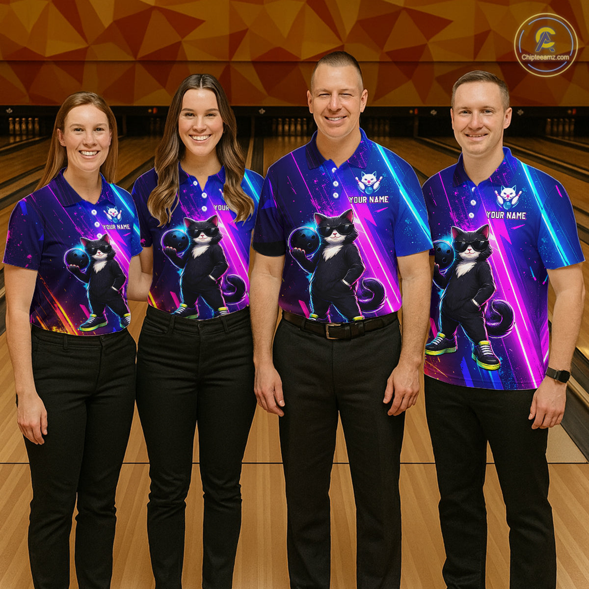 Personalized Neon Funny Cat Bowling Team Shirt for Women Bowling League Jersey Polo & Quarter-Zip Bowling Outfit QZT916