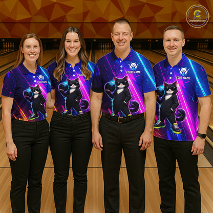 Personalized Neon Funny Cat Bowling Team Shirt for Women Bowling League Jersey Polo & Quarter-Zip Bowling Outfit QZT916