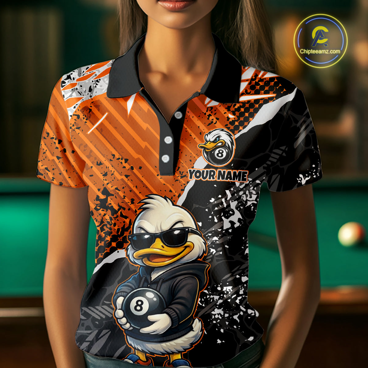Personalized Orange Funny Duck Billiard Team Shirt for Women 8 Ball Billiard Jersey Pool Shirt Unisex BHT22
