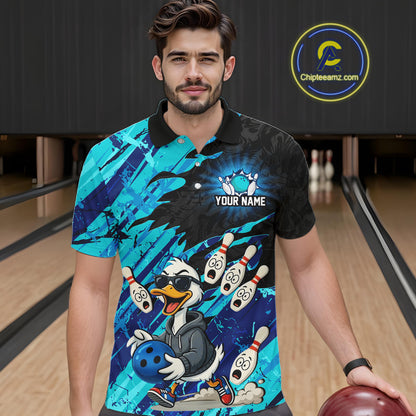Cyan Funny Duck Bowling Shirt for Men Custom Bowling Team Jersey Bowling League Polo & Quarter-Zip QZT944
