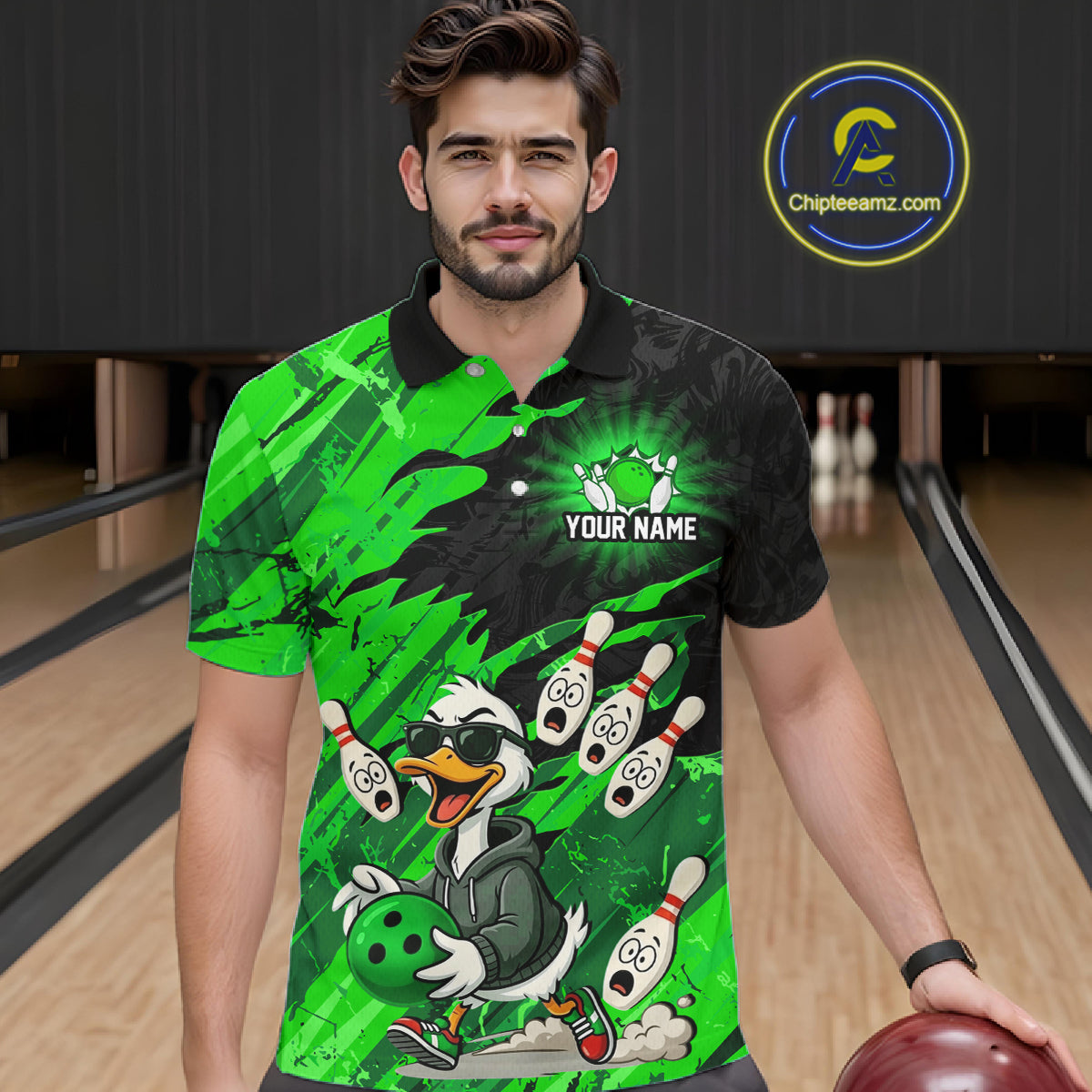 Green Funny Duck Bowling Shirt for Men Custom Bowling Team Jersey Bowling League Polo & Quarter-Zip QZT944
