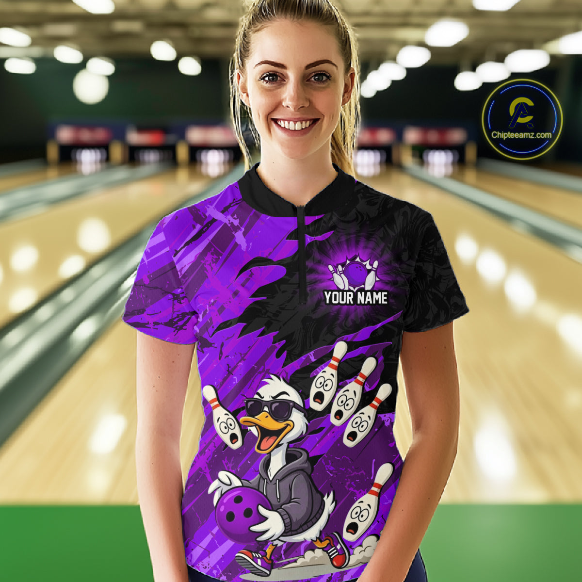 Purple Funny Duck Bowling Shirt for Women Custom Bowling Team Jersey Bowling League Polo & Quarter-Zip QZT944