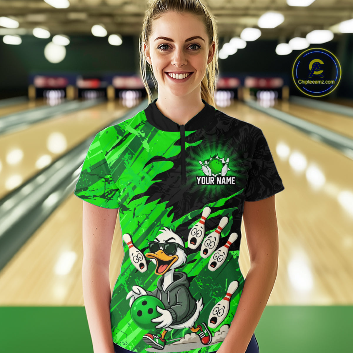 Green Funny Duck Bowling Shirt for Women Custom Bowling Team Jersey Bowling League Polo & Quarter-Zip QZT944