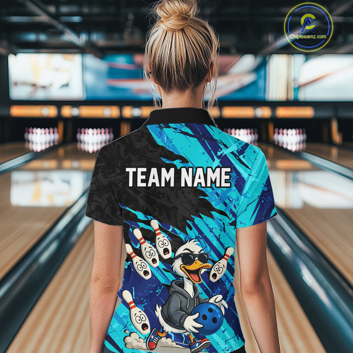 Cyan Funny Duck Bowling Shirt for Women Custom Bowling Team Jersey Bowling League Polo & Quarter-Zip QZT944