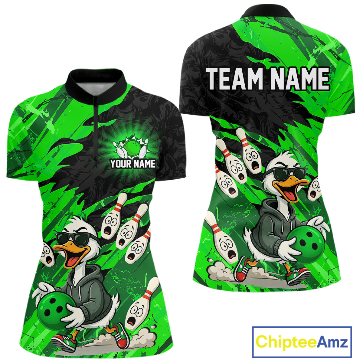 Green Funny Duck Bowling Shirt for Women Custom Bowling Team Jersey Bowling League Polo & Quarter-Zip QZT944