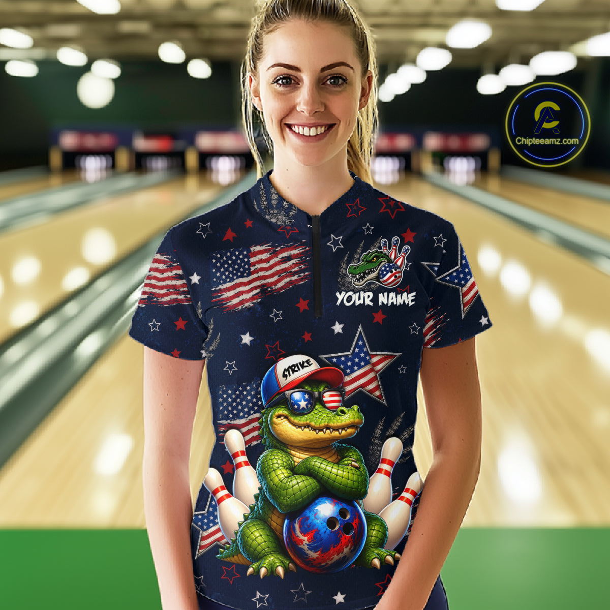 Custom American Flag Alligator Bowling Shirt for Women Patriotic Bowling Jersey Polo & 1/4-Zip QZT1029